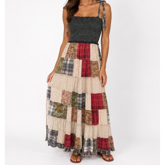 Young Threads Dresses & Skirts - Young Threads Patchwork Dress Smocked Large Maxi Boho Cottage Prairie Western